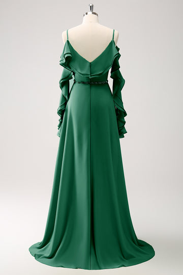 Mørkegrøn kold skulder A-linje Chiffon lang brudepigekjole med flæser